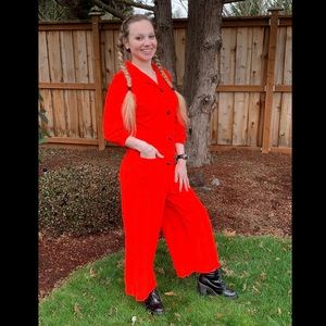 1960s Red Lounge Craft Original Jumper Wide Leg Romper  ILGWU Union Label